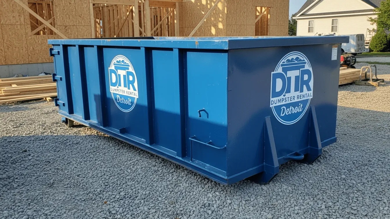 DTR Dumpster Rental crew standing with a roll-off truck and 30 yard dumpster in a Detroit, MI driveway DTR Dumpster Rental crew standing with a roll-off truck and 30 yard dumpster in a Detroit, MI driveway